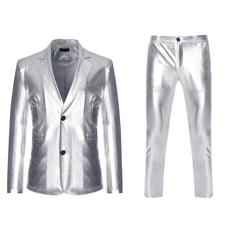 Мужские блестящие золотые костюмы из 2 предметов пиджак + брюки Terno Masculino Fashion Party DJ Club Dress Tuxedo Suit Men Stage Singer Clothing X0909