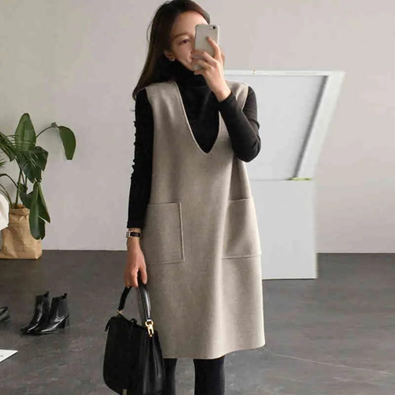 Knit Dresses Women 2021 Autumn Winter V-Neck Pullover Sleeveless Long Dress Korean Style Loose Vest Wool Fleece Sweater Skirt G1214