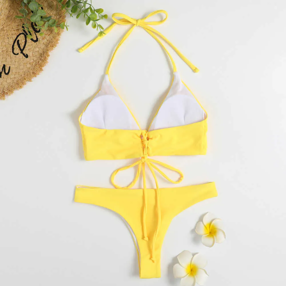 Baddräkt Sexig Thong Bikinis Kvinnor Padded Baddräkt Solid Brazilian Badkläder Blå Två Styck Gul Sommar Beachwear 210722