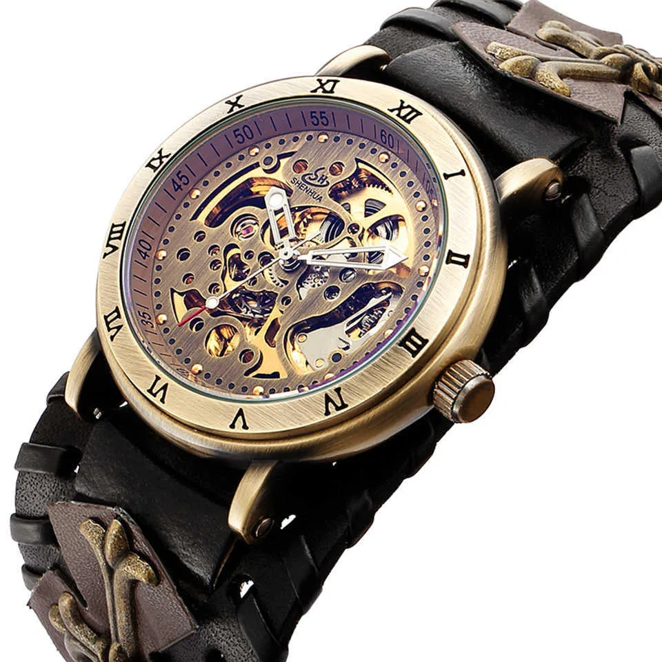 SHENHUA Rétro Gothique Bronze Squelette Automatique Montre Mécanique Hommes Steampunk Auto-enroulement Horloge Tourbillon Montre Reloj Hombre Q0902