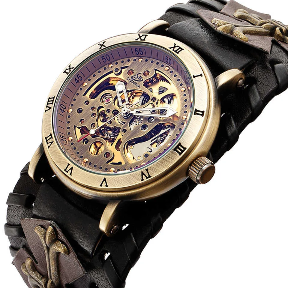 SHENHUA Retro Gothic Bronze Skeleton Automatische Mechanische Uhr Männer Steampunk Selbstaufzug Uhr Tourbillon Uhr Reloj Hombre Q0902