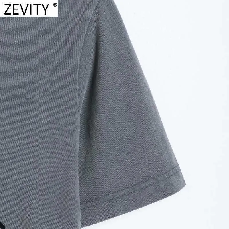 Zevity Kobiety Podstawowe O Neck Krótki Rękaw Wash Efekt Casual Slim T-Shirt Kobiet Chic Beauty Print Knitting Summer Tops T693 210603