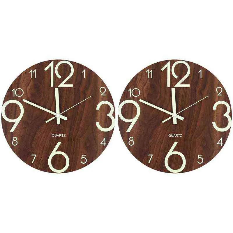 Orologio da parete luminoso 2X, orologi da parete da cucina silenziosi in legno da 12 pollici senza ticchettio con luci notturne H1230