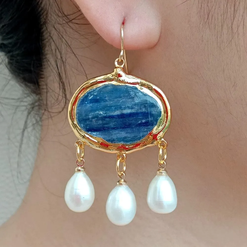 YYGEM vintage style Natural oval Blue Kyanite White Rice freshwater Pearl Dangle Hook Earrings gold filled For Women Girls Gifts