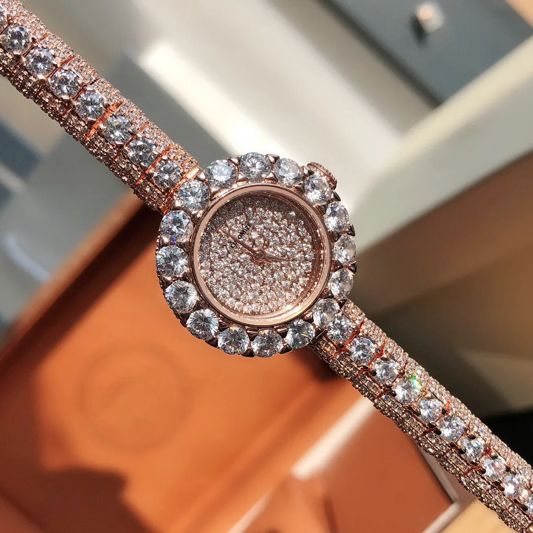Classico marchio geometrico viola verde gemma orologi Lady orologio da polso al quarzo in acciaio inossidabile in oro rosa quadrante pieno di diamanti femminile 25mm