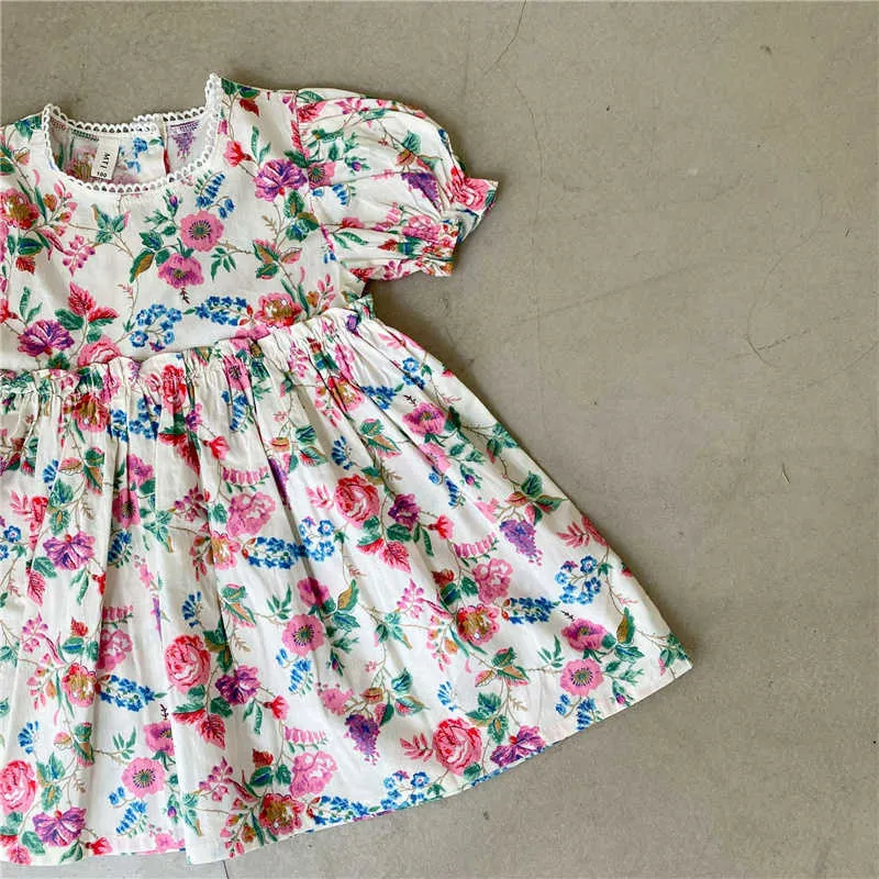Summer girls rose printing short sleeve dresses 1-6 years cotton casual loose little princess dress 210615
