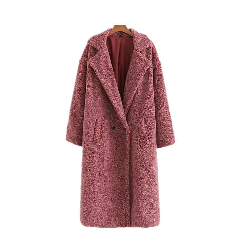 Kvinnor Lång jacka Solid Teddy Coat Casual Turn Down Collar Winter Warm Elegant Fake Fur Fashion OuterWear Kvinna Jackor Coats 210925