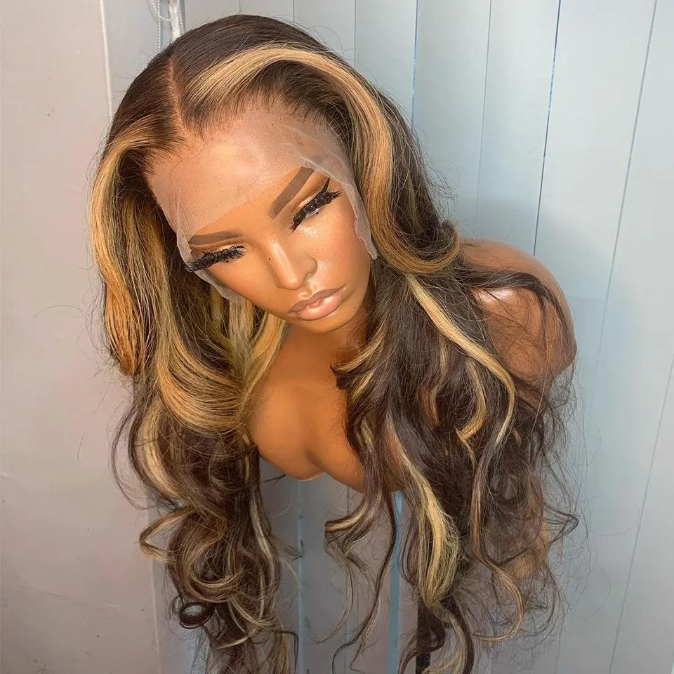 22 tum body wave spets front peruk hd frontal 30 tum 150 transparent höjdpunkt piano färg brun blond människa hår peruk 13x4 fulll 4896873