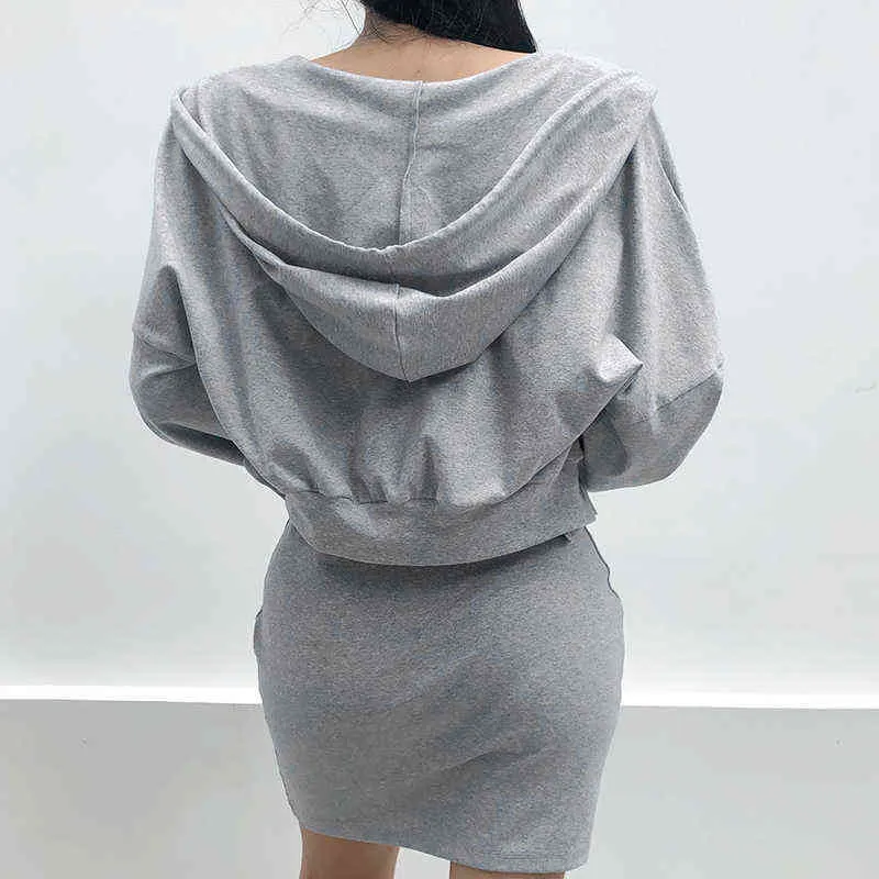 Gray Zip Up Hoodie Crop Top And Strap Button Dress Cotton Two Piece Set Tracksuit Women Autumn Sweatsuit Outfits Streetwear 211106