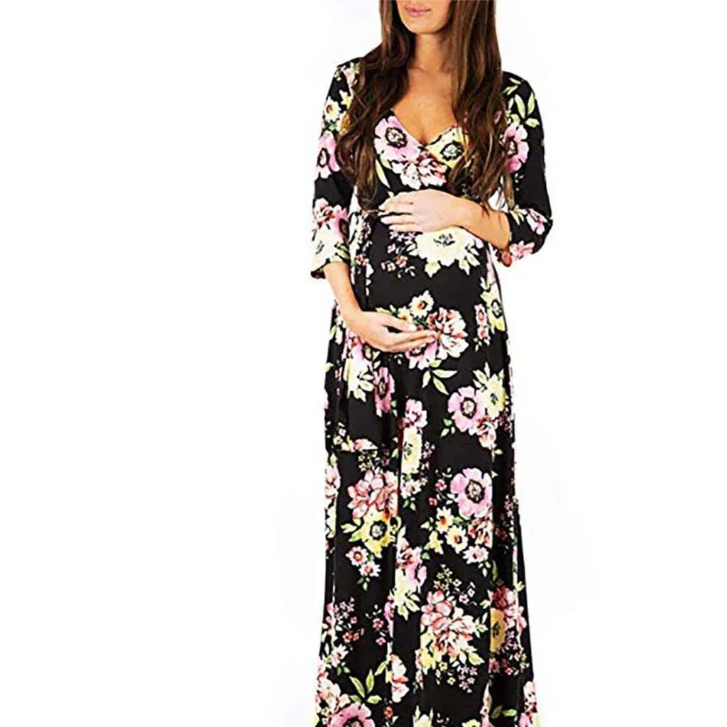 V-cou bohême robes de grossesse imprimer été à manches courtes taille haute maternité longue jupe robe pour femmes vêtements de maternité X0902