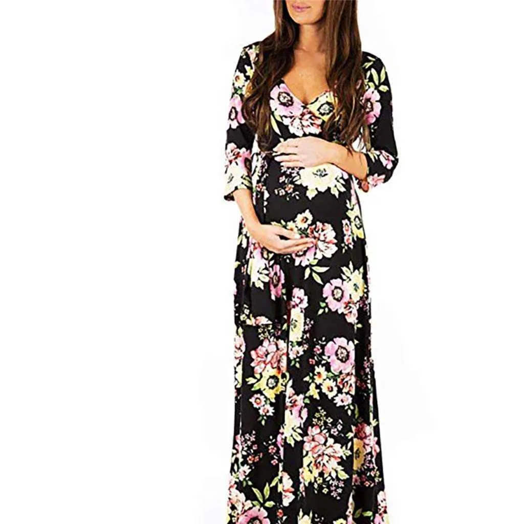 V-nek Bohemen zwangerschap jurken print zomer korte mouw hoge taille moederschap lange rok jurk voor vrouwen moederschap kleding x0902