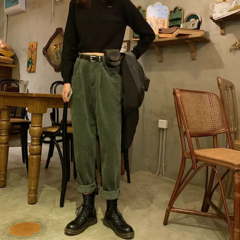 Lucyever mode taille haute velours côtelé pantalon Vintage surdimensionné jambe large pantalon femme décontracté ample Streetwear femme 220211