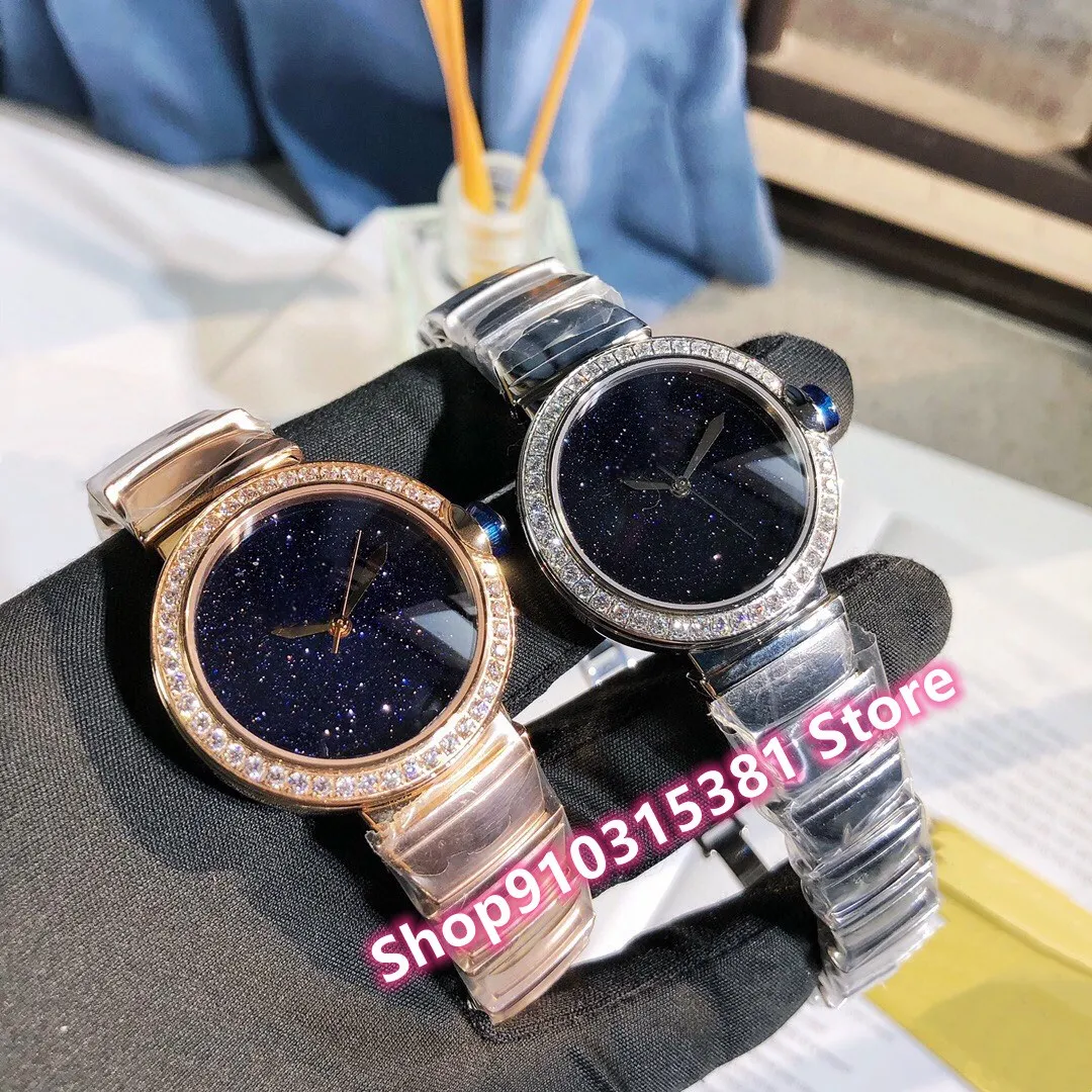 有名な新しいブランドロマンチックな星空の腕時計ローズゴールドステンレススチールクォーツ時計女性の幾何学的ダイヤモンド時計33mm