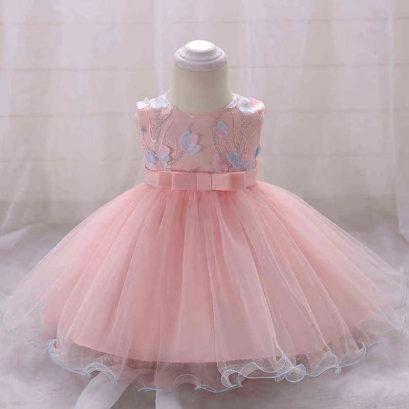 Bollklänning klänning nyfödda barn dop baby flicka söt broderad rosa tulle dop prinsessan toddler födelsedagsfest 1 y g1129