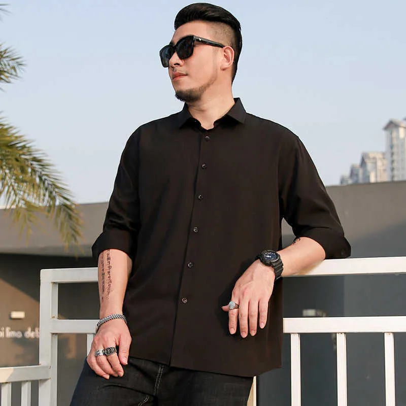 Shan Bao Höst Micro Sträcka Plus Storlek Lös långärmad tröja Klassisk stil Unga Mäns Ren Vit Skjorta Svart Röd Blå 210531