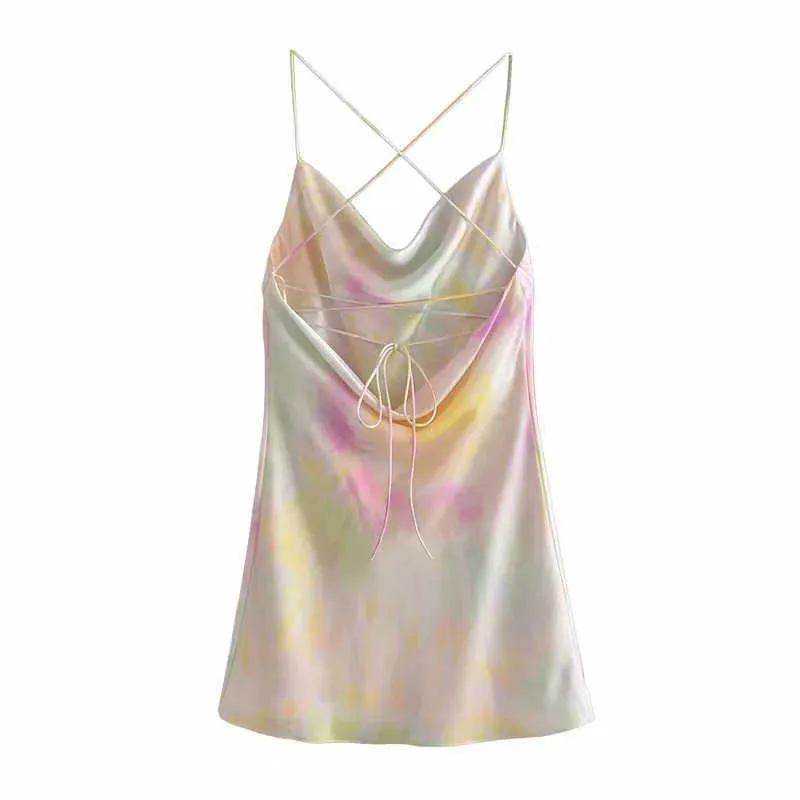 TRAF Summer Slip Sukienka Kobiety Za 2021 Tie Dye Satin Short Woman Dresses Strappy Sexy Backless Strap Mini Dress Club Party Dresses Y0603