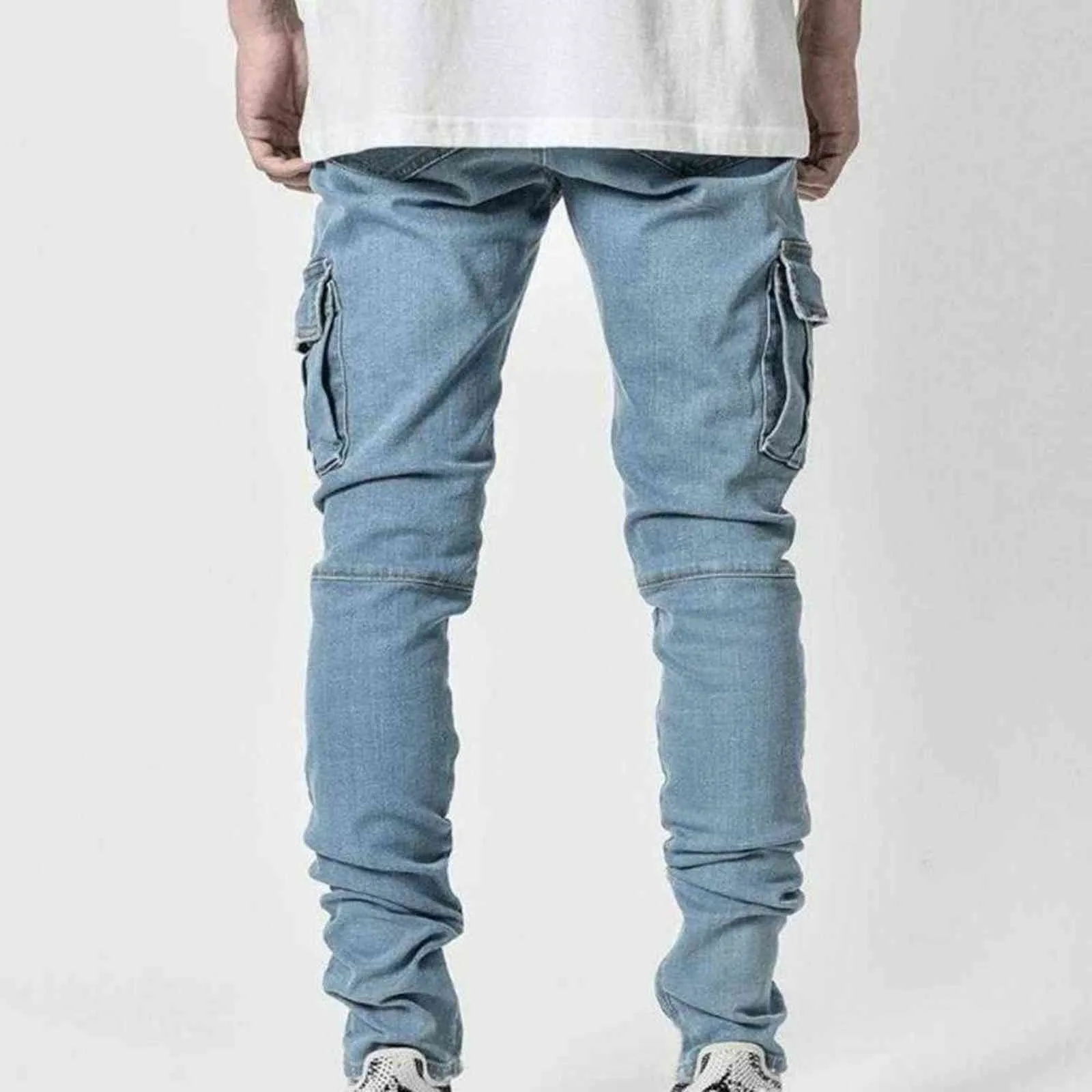 Comodi jeans da uomo in tinta unita con tasche multiple, comodi jeans cargo, pantaloni elasticizzati H1116235D