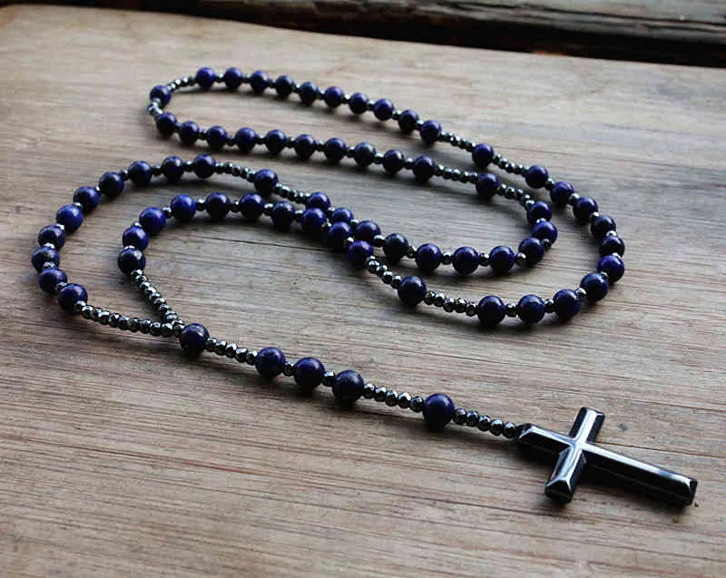 6mm Lapislazzuli Pietra Perlina Ematite Uomo Donna Cattolico Cristo Rosario Collana Con Pendente Croce Goccia