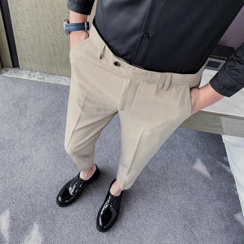 Çizgili Iş Elbise Pantolon Erkekler Ayak Bileği Uzunluk Ofis Sosyal Rahat Pantolon Slim Fit Streetwear Takım Pantolon Pantalon Homme 210527