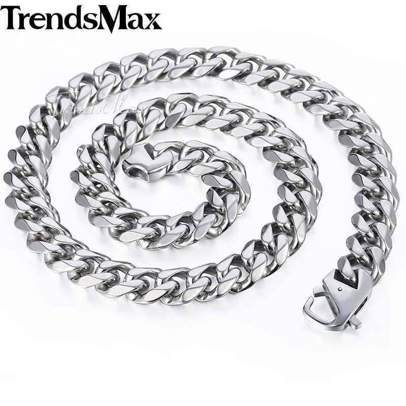 Trendsmax 316l Stainless Steel Men's Necklace, Brushed Matte Chain, Cuban Edge, Silver, 15mm Tone, Hnm18 Q0809