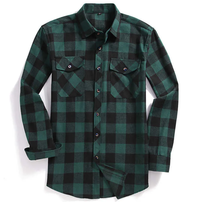 Men Casual Plaid Flannel Shirt Long-Sleeved Chest Two Pocket Design Fashion Printed-Button USA SIZE S M L XL 2XL 210809
