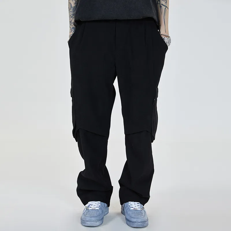 Pantalon Cargo décontracté Harajuku multi-poches fermeture éclair latérale droite hommes haute rue surdimensionné Baggy pantalon Hip Hop solide noir