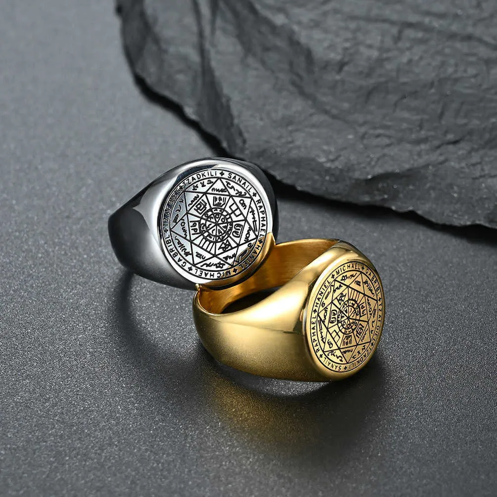 La clé de salomon anneaux acier inoxydable le sceau des sept archanges bague amulette bijoux masculins H101193866396186141