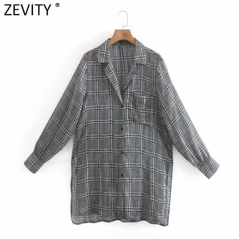 Zevity Women Vintage Houndstooth Plaid Print Casual Kimono Smock Blouse Female Perspective Shirt Roupas Chic Chemise Tops LS7581 210603