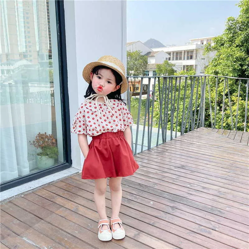 Корейский стиль летние дети девочек 2 шт. Устанавливает точка Питер Pan Pan Holly Рубашки + красные юбки милые детские одежда E3032 210610