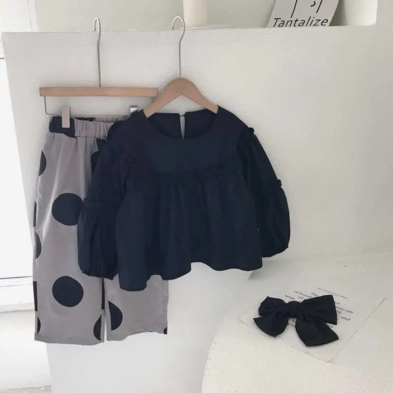 Abito da bambina Camicia da bambina coreana con fiocco Dot Wide 2021 Pantaloni a gamba Set da due pezzi Nero G1026