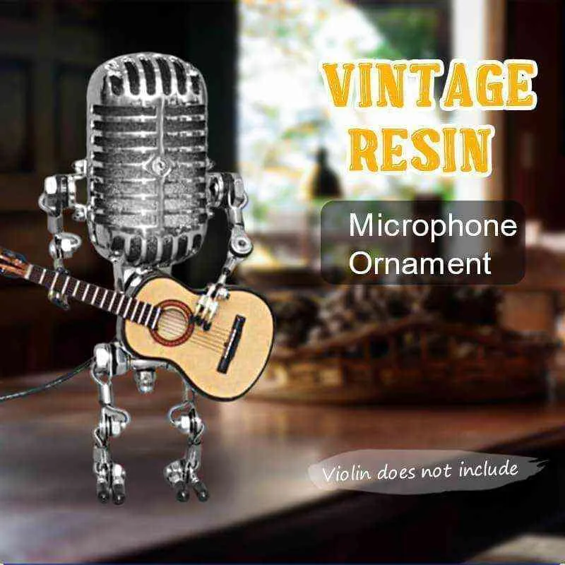 Microphone Guitar Robot Lamp Home Decoration Retro Garden Ornaments Steampunk Outdoor Courtyard Lighting Resin Statue for Home