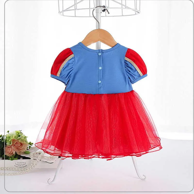 Sommar baby flicka klänning kort puff ärmar lolita stil blå röd spets prinsessa barn kläder e9238 210610