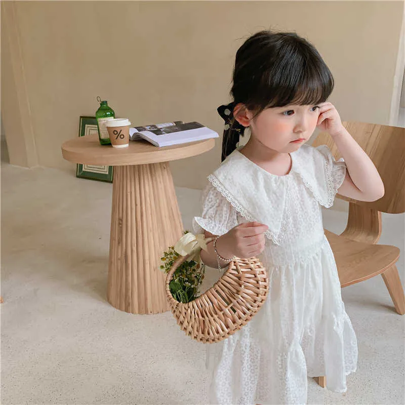 Peri Toddle Kızlar Geniş Yaka Dantel Bluz Elbise Çocuk Giyim için Güzel Beyaz Yaz Sundress Moda Kıyafet 210529