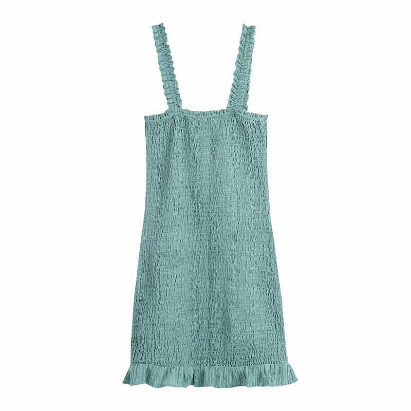 Za texturé tissage Mini robe d'été femmes sans manches bretelles à volants élastique smocké Vintage robe de plage femme robes vertes 210602