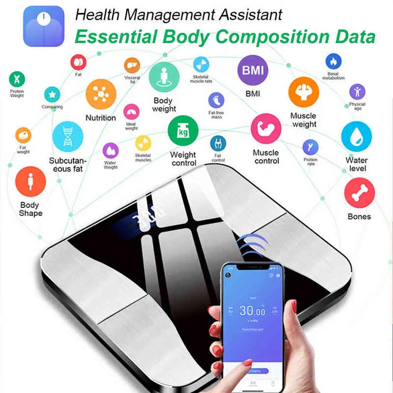Bluetooth Body Scales Smart digital skala Kroppskomposition Badrumsskala för BMI BFR Muscle Bone Mass Analyzer H1229