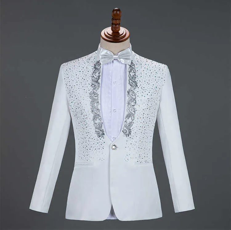 Costume de broderie d'or hommes col montant diamant hommes costumes avec pantalon mariage marié smoking costumes scène chanteur fête Costume Homme X0909