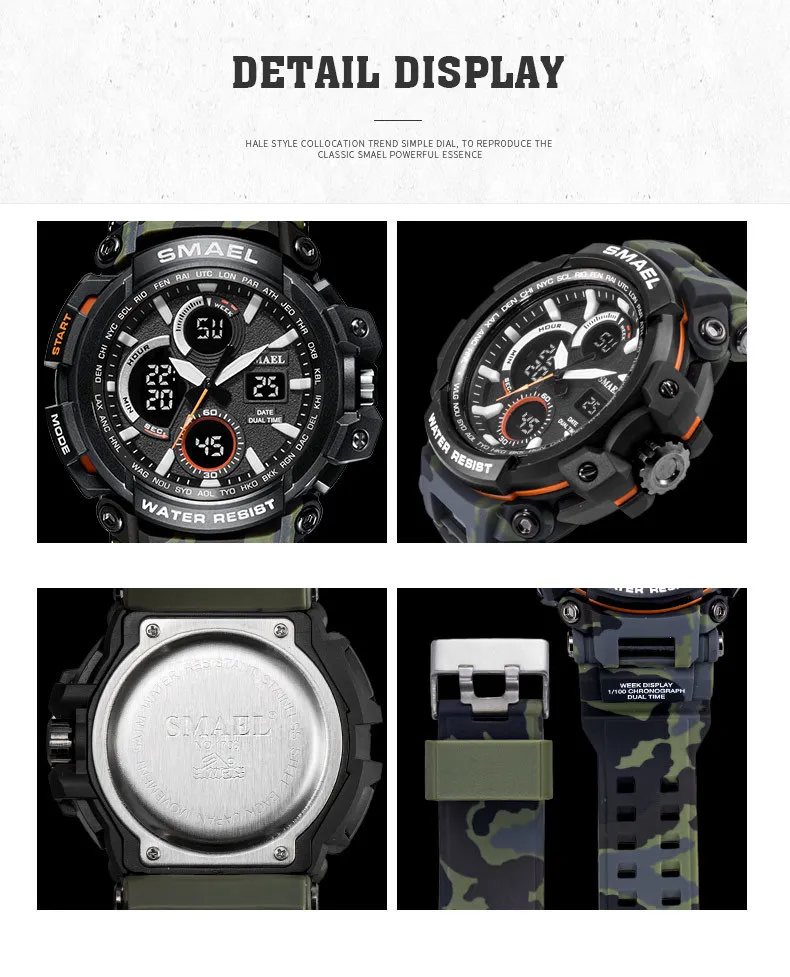 SMAEL Camouflage Militair Horloge Heren Waterdicht Dual Time Display Heren Sport Horloge Digitaal Analoog Quartz Horloges Heren 1708 210270U