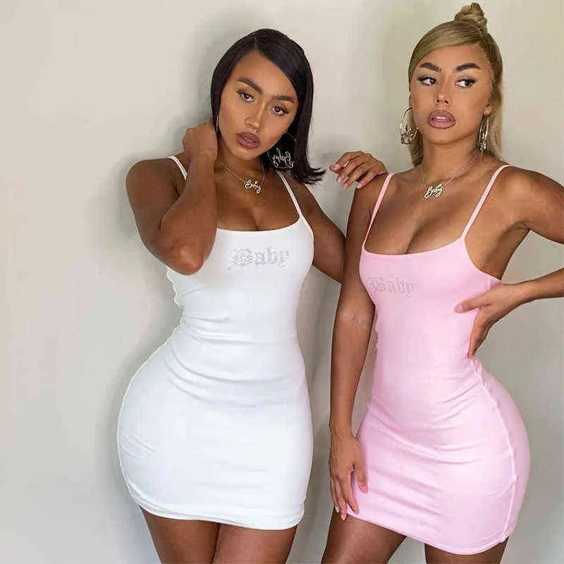 Sexy White Cami Dress Baby Letter Rhinestones Summer 2021 Club Party Outfits Women Spaghetti Strap Bodycon Mini Tight Dress Y2K Y220304