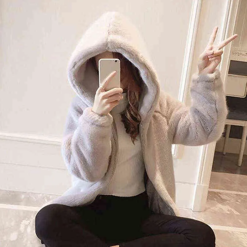 Rabbit Imitacja Futra Zima Trawy Norek Faux Fur Coat Damskie Sztuczne Futro Z Kapturem Soft Plus Size Damska kurtka 211110