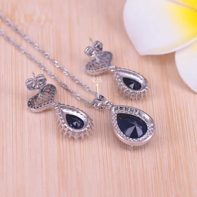 Big Water Drop Blue Stone Silver Color Jewelry For Women Bridal Jewelry Stud Earrings Ring Necklace Bracelet Set In Store H1022