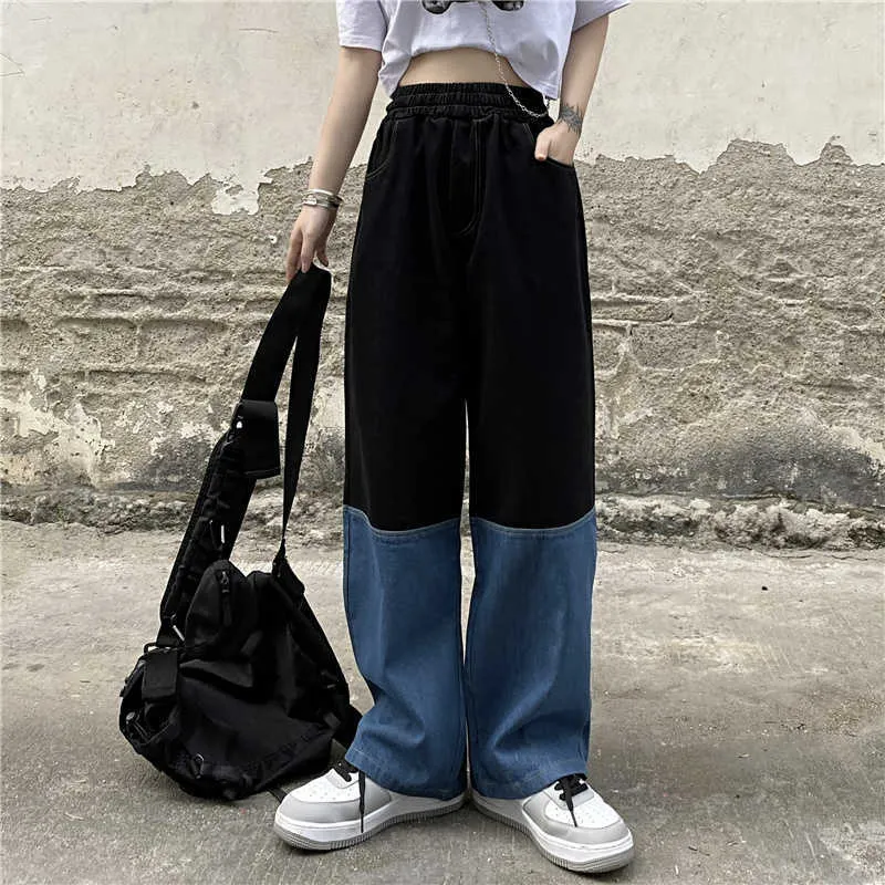 Frauen Jeans Y2K Streetwear Vintage Elastische Hohe Taille Breite Bein Hosen Harajuku Spleißen Gerade Baggy Denim Hosen 210809