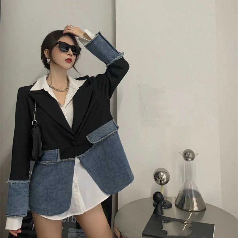 Nomikuma Spring Demin Patchwork Blazers Causal Korean Hit Färgdräkt Jacka Kvinnor Mode Blazer Coat 6F775 210930