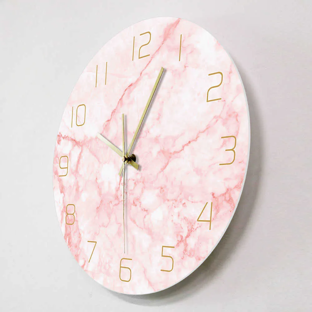 Horloge murale ronde en marbre rose naturel, silencieuse, sans tic-tac, décoration de salon, Art nordique, horloge murale minimaliste, montre murale silencieuse 2212V