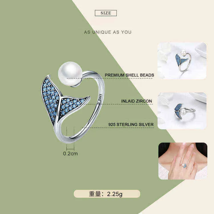 Adjustable Dolphin Tail Finger Rings for Women Sterling Jewelry Mermaid Ring 211217