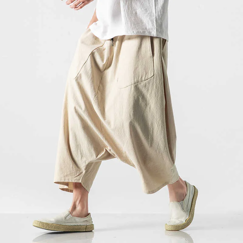 Pantaloni da uomo Pantaloni Harem con cavallo largo da uomo in cotone e lino Pantaloni larghi larghi a gamba larga Bloomers a gamba larga 2020 Stile coreano Baggy Y0811