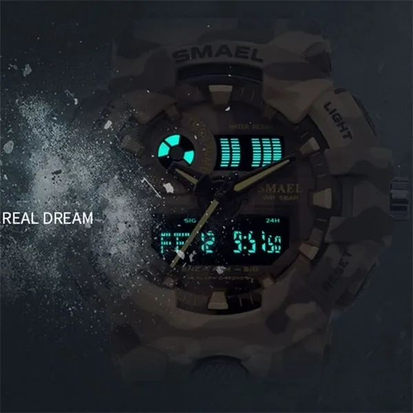 Nuevo reloj militar de camuflaje Marca SMAEL Relojes deportivos Reloj de cuarzo LED Reloj de pulsera deportivo para hombres 8001 Reloj militar para hombres a prueba de agua X052203A