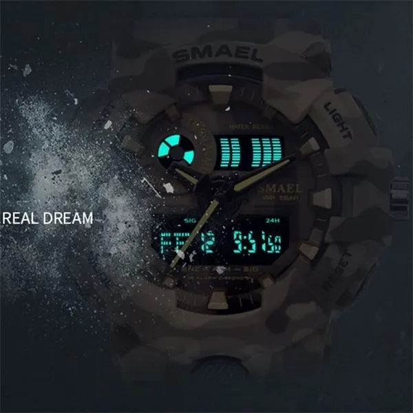 Ny kamouflage Military Watch Smael Brand Sport Watches LED Quartz Clock Men Sport Wristwatch 8001 Herr Army Watch Waterproof X052268V