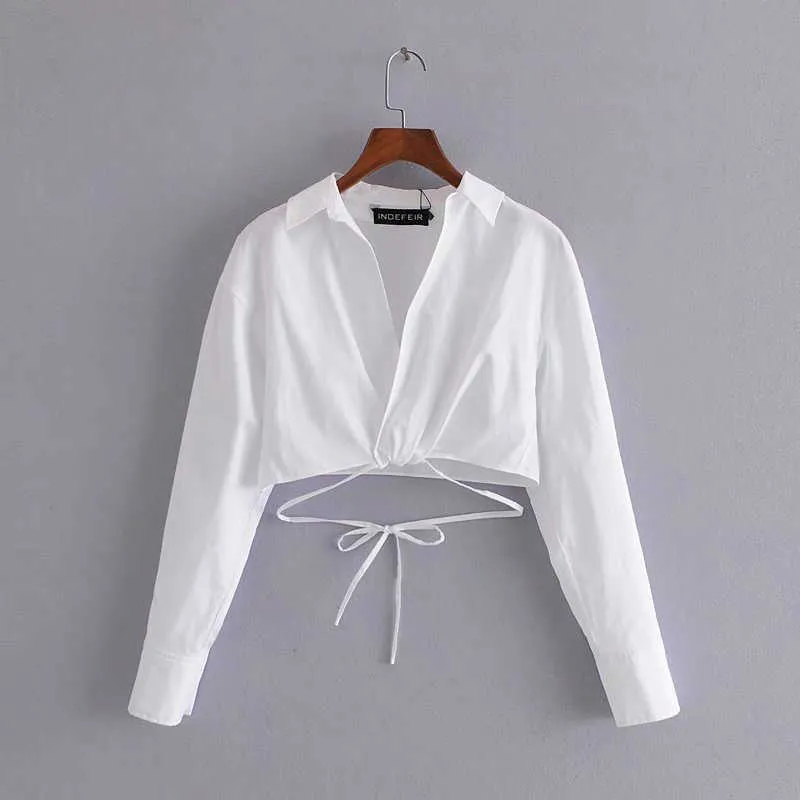 ZA الصيف الأبيض التفاف اقتصاص الأعلى المرأة طويلة الأكمام مطوي خمر قميص المرأة الأزياء التعادل الذاتي تنحنح قميص قصير 210602