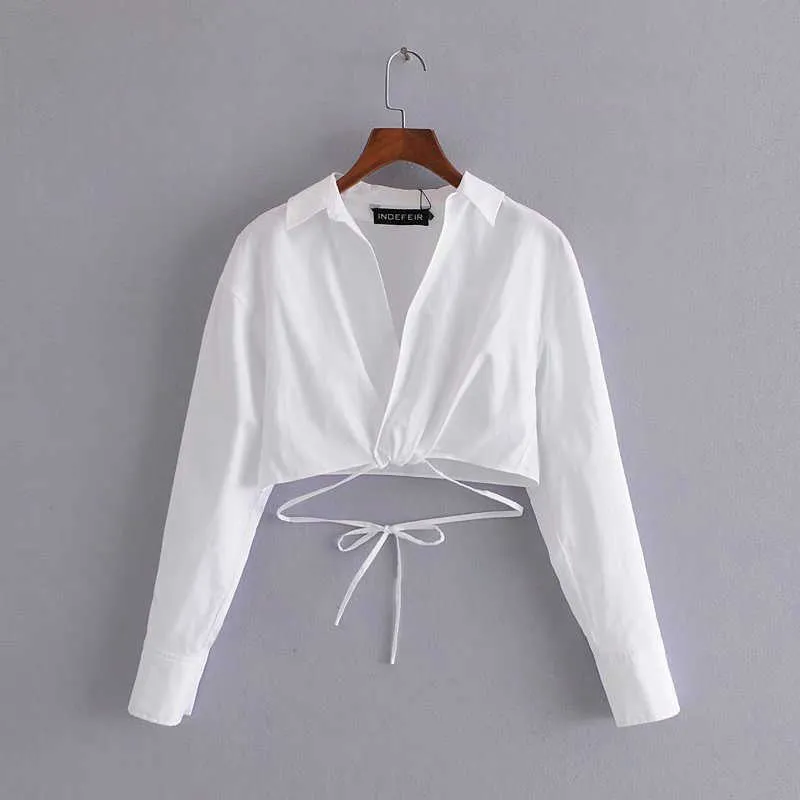 Za zomer witte wrap bijgesneden top vrouwen lange mouw geplooid vintage shirt vrouw mode zelf stropdas zoom short shirts 210602