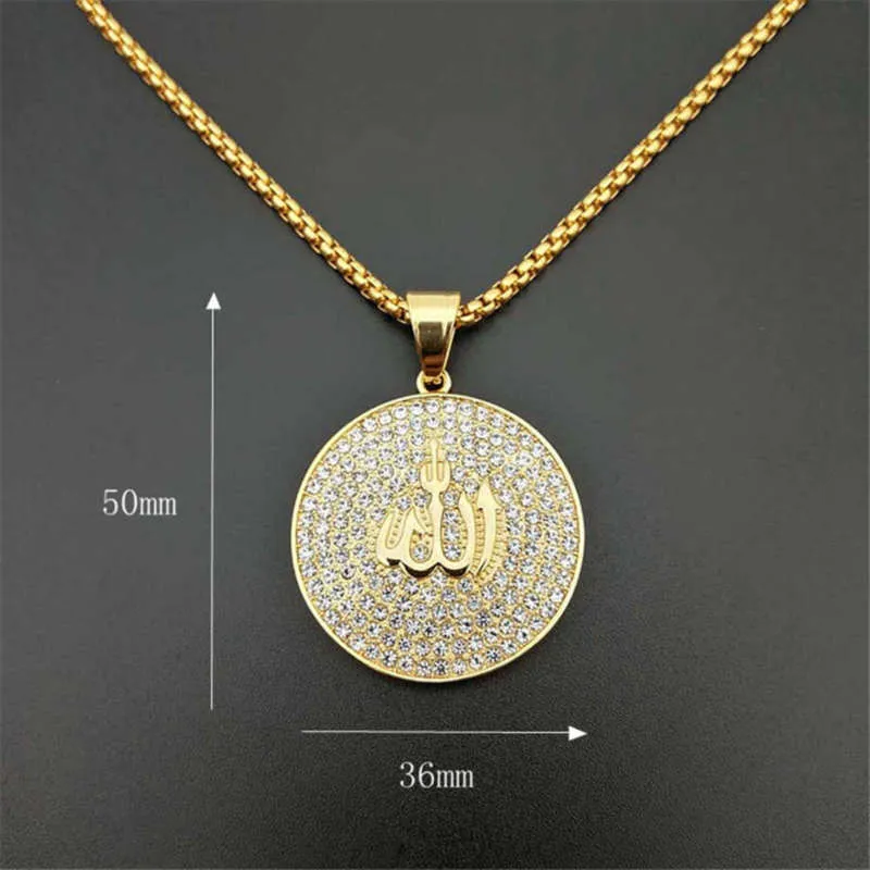 Hip Hop Iced Out Round Pendant Necklace Stainless Steel Islam Muslim Arabic Gold Color Prayer Jewelry Drop 210929